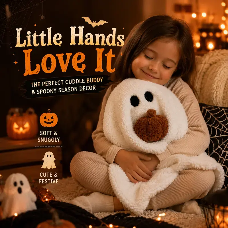 Unisex 11-in Soft-Stuffed Ghost Plush Pillow with Pumpkin, Plush Fabric Cover, Cute Halloween Stuff, Halloween Decorations, Home Decor for Couch/Bed, Festive Fall Kids Gift