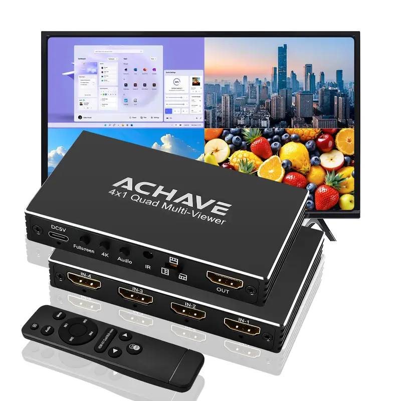 ACHAVE 4x1 Quad HDMI Switcher - Metal Shell 4-In-1-Out Audio & Video Accessory with Remote Control, 1080p @ 60Hz, 3D Support, Reliable Heat-Dissipating, Wear-Resistant for Security Monitoring, PC, DVD, Viewer & Screen Use