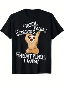 Rock Paper Scissors Throat Punch I Win! T-Shirt - Funny RPSY Combat Game Design with Sloth-Like Throat Punch Guy - 100% Unisex Casual Tee for Men & Women - Black with White RPSY Logo - All-Season Fit