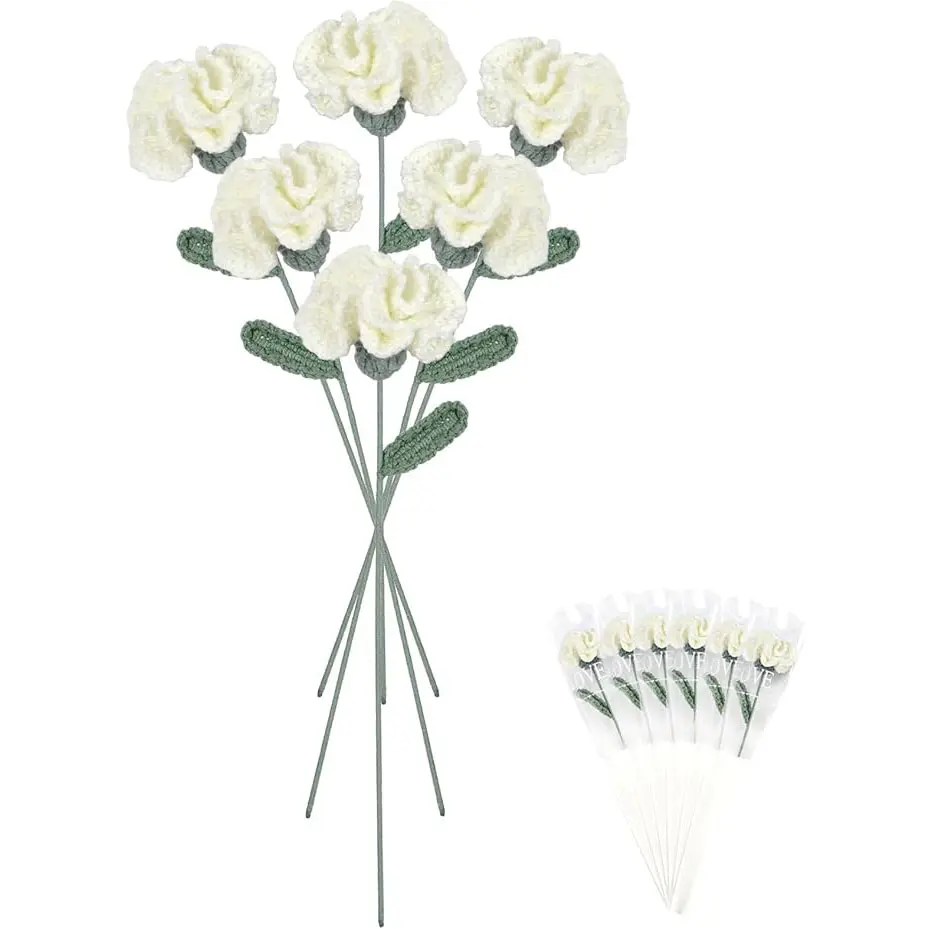 White Crochet Carnation Flowers for Teachers, Mother, Girlfriend - 6 Pieces, 16.9” Realistic Crochet Flowers, White Knitted Flowers for Home, Office & Decoration