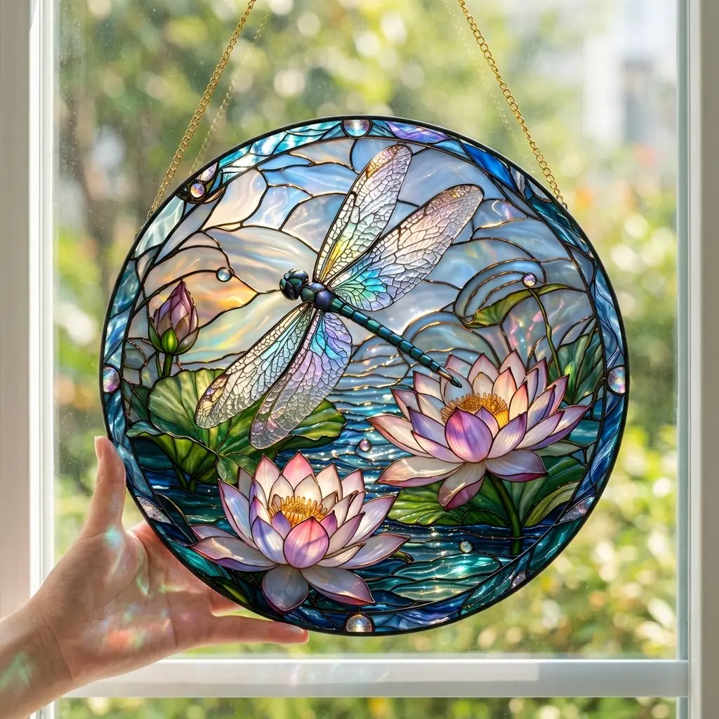 Dragonfly Stained Glass Suncatcher, Lotus Pond Window Hanging, Stained Glass Water Lily Panel, Iridescent Dragonfly Sun Catcher.