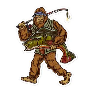 Peacock Bass Fishing Bigfoot Sticker, Funny Sasquatch Vinyl Decal For Fishermen, Tackle Box, Car, Cooler, Boat, Waterproof Outdoor Decor, Unique Gift For Men Who Fish