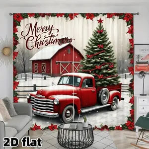 2D Flat 2Pcs Christmas Curtains with Red Truck Barn Tree Pattern, Poinsettia Border, Winter Snow Scene, Country Farmhouse Style, Semi Sheer Polyester Window Drapes for Living Room Bedroom Kitchen Holiday Home Decor, Rod Pocket Design, Easy Care