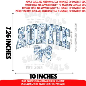 Blue Floral Auntie DTF heat transfer iron-on appliqué • trendy family matching shirt print • aunt life • floral bow retro design