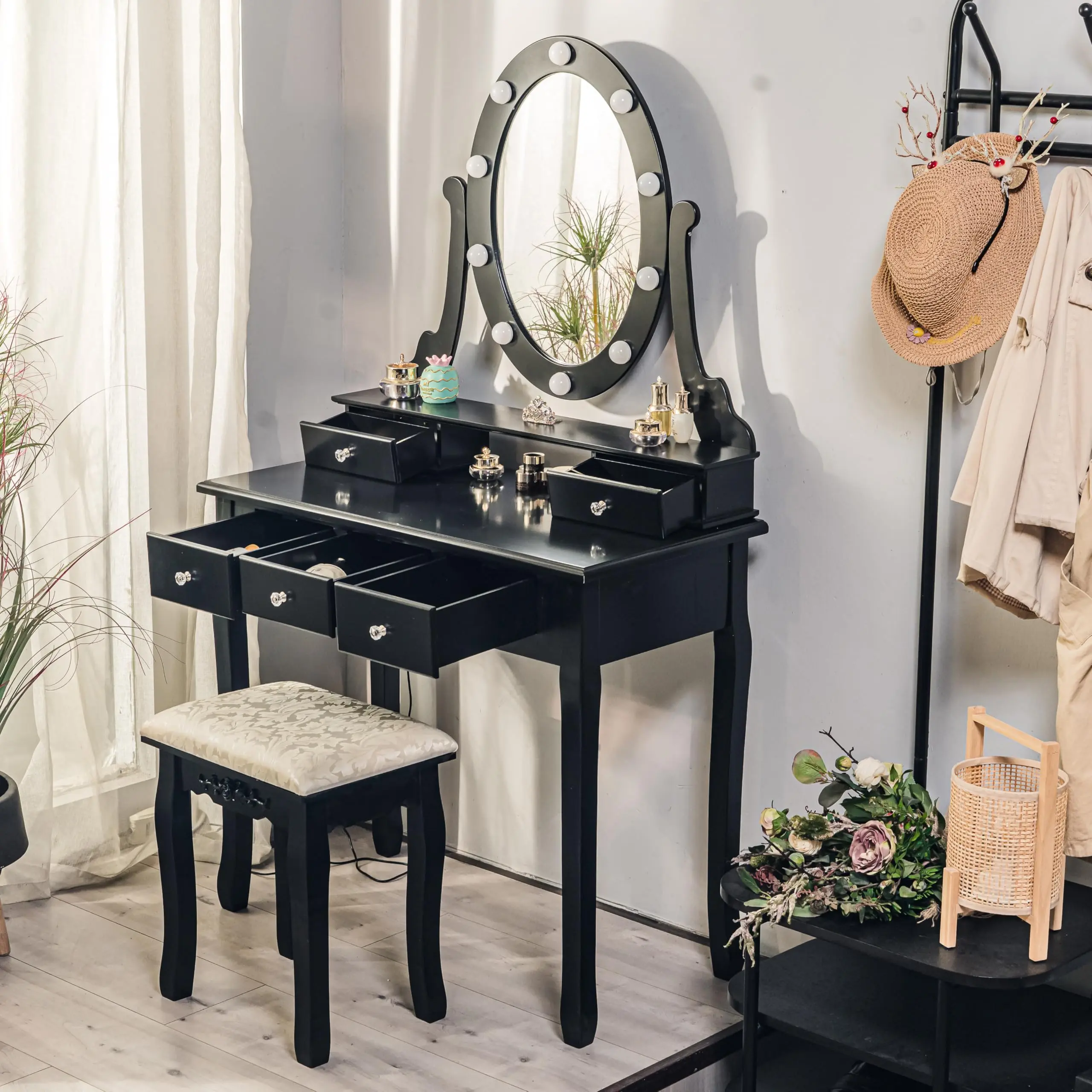 Dressing Table Set with Stool, Vanity Desk with 360° Swivel Oval Mirror and 5 Drawers, 3-Color Lighting Modes Cosmetic Table, Modern Bedroom Makeup Table for Kids, Girls, Women