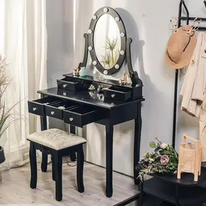 Dressing Table Set with Stool, Vanity Desk with 360° Swivel Oval Mirror and 5 Drawers, 3-Color Lighting Modes Cosmetic Table, Modern Bedroom Makeup Table for Kids, Girls, Women