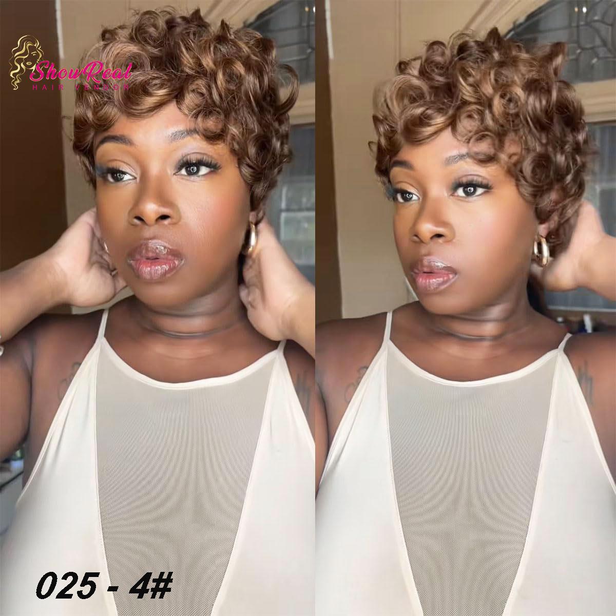ShowReal 025 Chioma Wig Short Pixie Cut Wig Pin Curls Black Mommy Wig Curly Bomb #99J #1B/30 #4 #1B/4/27 #4/30/4 Colorful Brizalian Virgin Human Hair  Style Wigs For Black Women