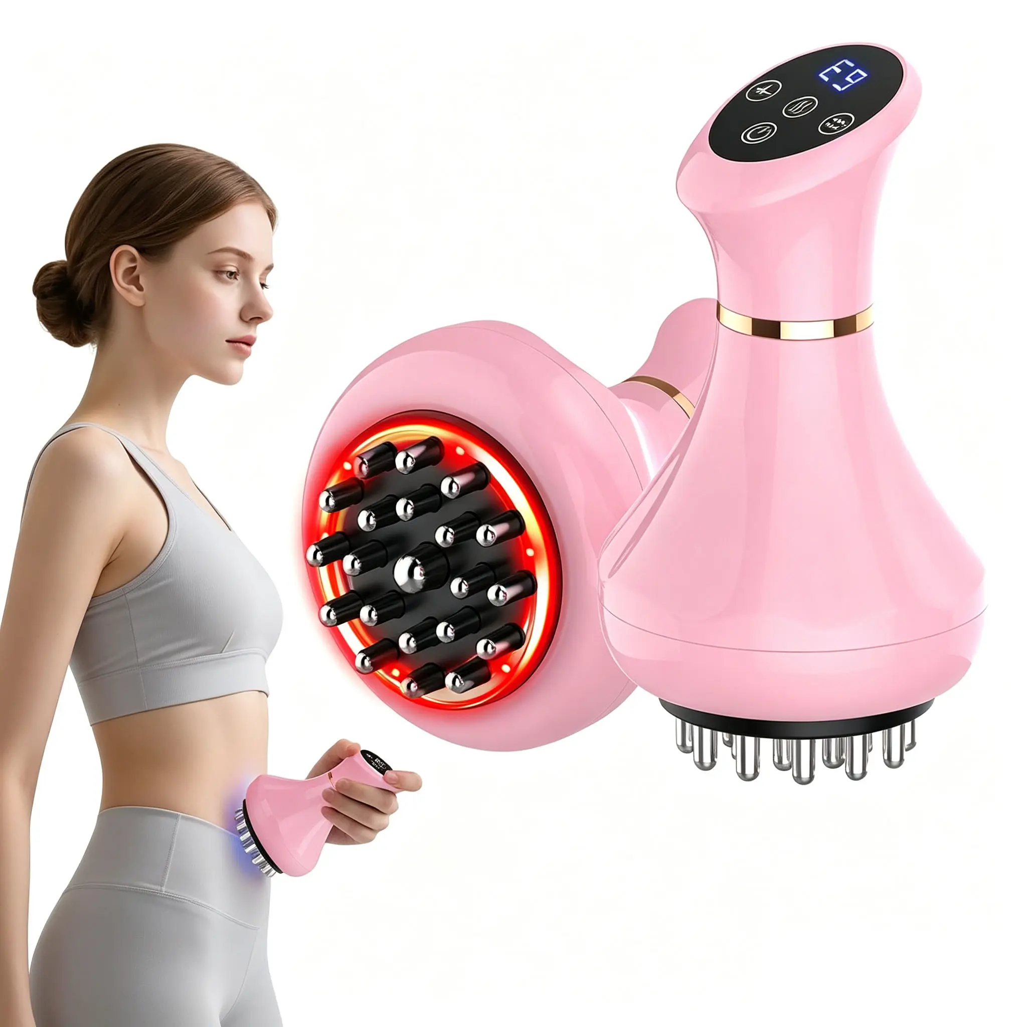 New Pink Meridian Brush，Meridian Brush with Heating and Vibration,Wireless Electric Meridian Brush, Red Light Heating Scraping Device, Wireless Design, Heating Function, Portable White Gift,Comes with Massage Oil