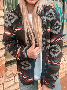Black Aztec Printed Zip Up Collar Jacket puffer  jacket winter  coat