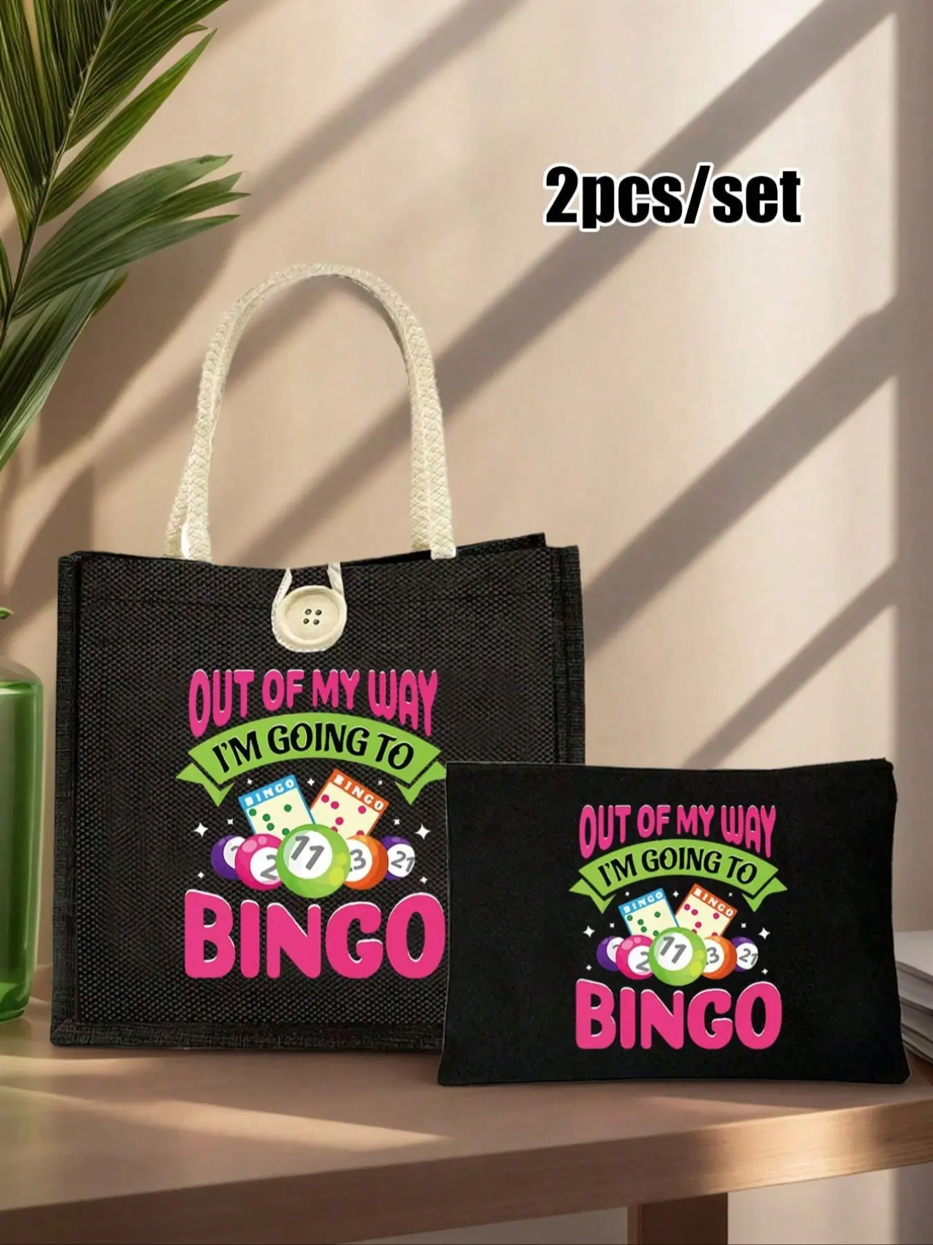 Billiards lottery themed handbag set, patterned bag, bingo women's handbag and wallet set, large capacity, hand washable, lined, casual shoulder carry design, printed with 'I want to play bingo', Casual handbags