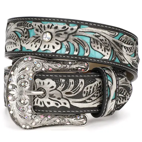 XZQTIVE Women's Heavy-Duty Cowhide Cowboy-Inspired Leather Belt, Bling Western Accessory with Intricate Floral Embossing, Rhinestone-Encrusted Turquoise Longhorn Buckle, Boho Style