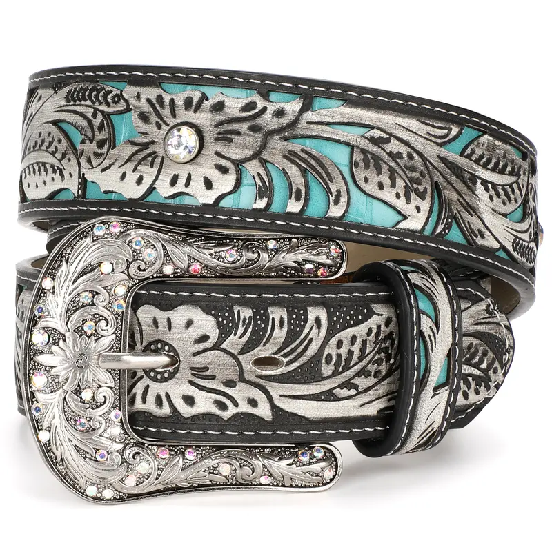 XZQTIVE Women's Heavy-Duty Cowhide Cowboy-Inspired Leather Belt, Bling Western Accessory with Intricate Floral Embossing, Rhinestone-Encrusted Turquoise Longhorn Buckle, Boho Style