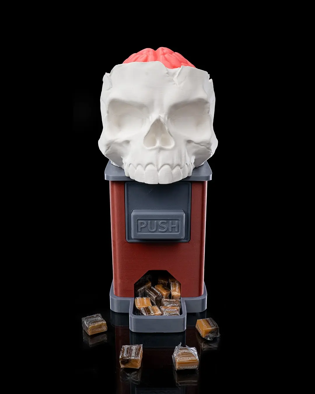 3DFabLabHTX presents -  Brains... and Candy!   3D Printed Skull Candy Dispenser with Push-Button Action!