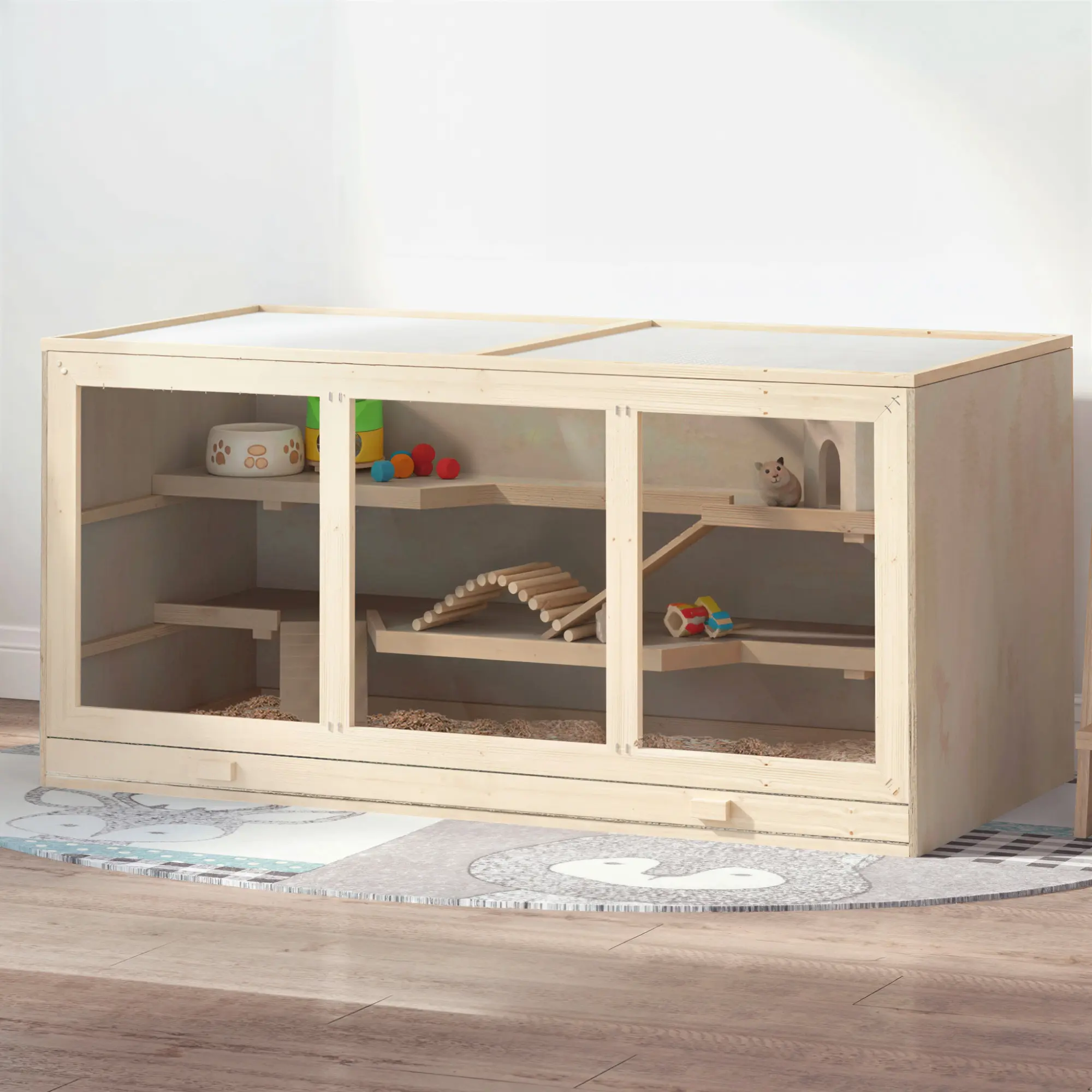 45" Extra Large Natural Wooden Hamster Cage - 3-Layer Small Animal Habitat with Opening Roof, PVC Window for Syrian & Dwarf Hamsters