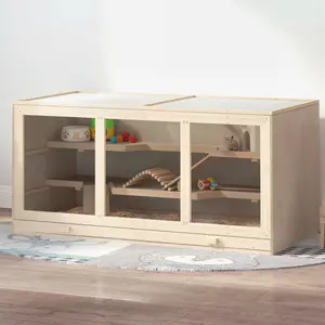 45" Extra Large Natural Wooden Hamster Cage - 3-Layer Small Animal Habitat with Opening Roof, PVC Window for Syrian & Dwarf Hamsters
