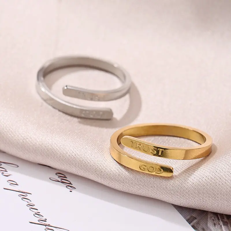 Inspirational Cross Adjustable Rings, Stainless Steel Letter Engraved Faith Jewelry, Trendy Jewellery Accessories for Party & Gifts, Trust, Print, Letters, Basic