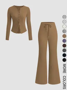 2 Piece Solid Color Long Sleeve Top and Wide Drawstring Micro Flare Pants Set, Stylish Women's Casual for Every Occasion