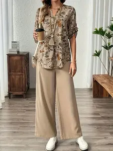 Women's 2-Piece Set, Zen Style V-Neck Floral Print Long Sleeve Top + Elastic Waist Wide Leg Pants, Casual Elegance for Daily Commute & Vacation
