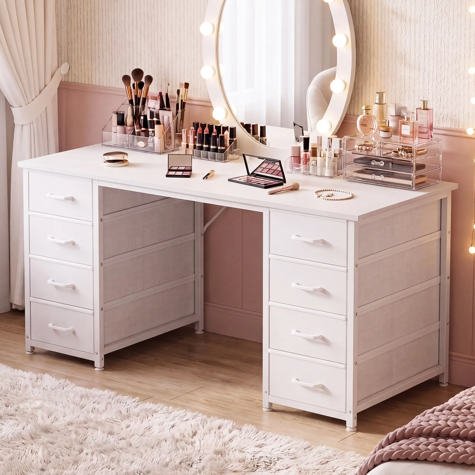 AODK 48-Inch High-Quality MDF Panel Makeup Vanity Desk - 8 Fabric Drawers, Versatile Storage Furniture for Bedroom, Home Office, White Multifunctional Organization Table with Storage