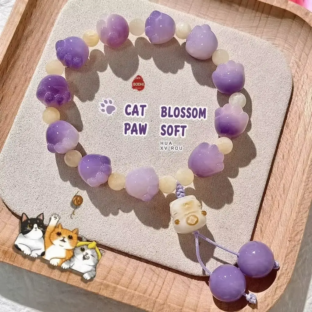 New Cute Purple Cat Paw Beads Bracelet sweet Style Adjustable Trendy Unique Beads jewelry for Students Girls