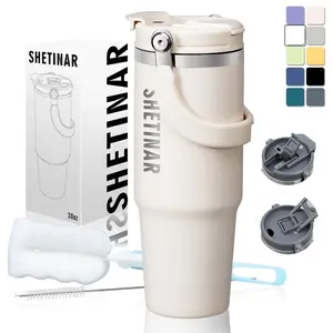Flip Straw Vacuum Flask 30 Oz Tumbler with Lid and Handle, Vacuum Insulated Water Bottle for Home, Office or Car, Insulated Cup Reusable Stainless Steel Travel Mug Cupholder,Milk White SHETINAR