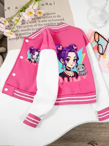 Girls' "RUMI" Cartoon Baseball Button Front Jacket: Anime Girl + Cute Pet Print + Color-Block Sleeves, Soft-Stretchy Breathable Skin-Friendly Fabric, Sweet-Cool Energetic Style, Eye-Catching Design, Unique for Outings & School