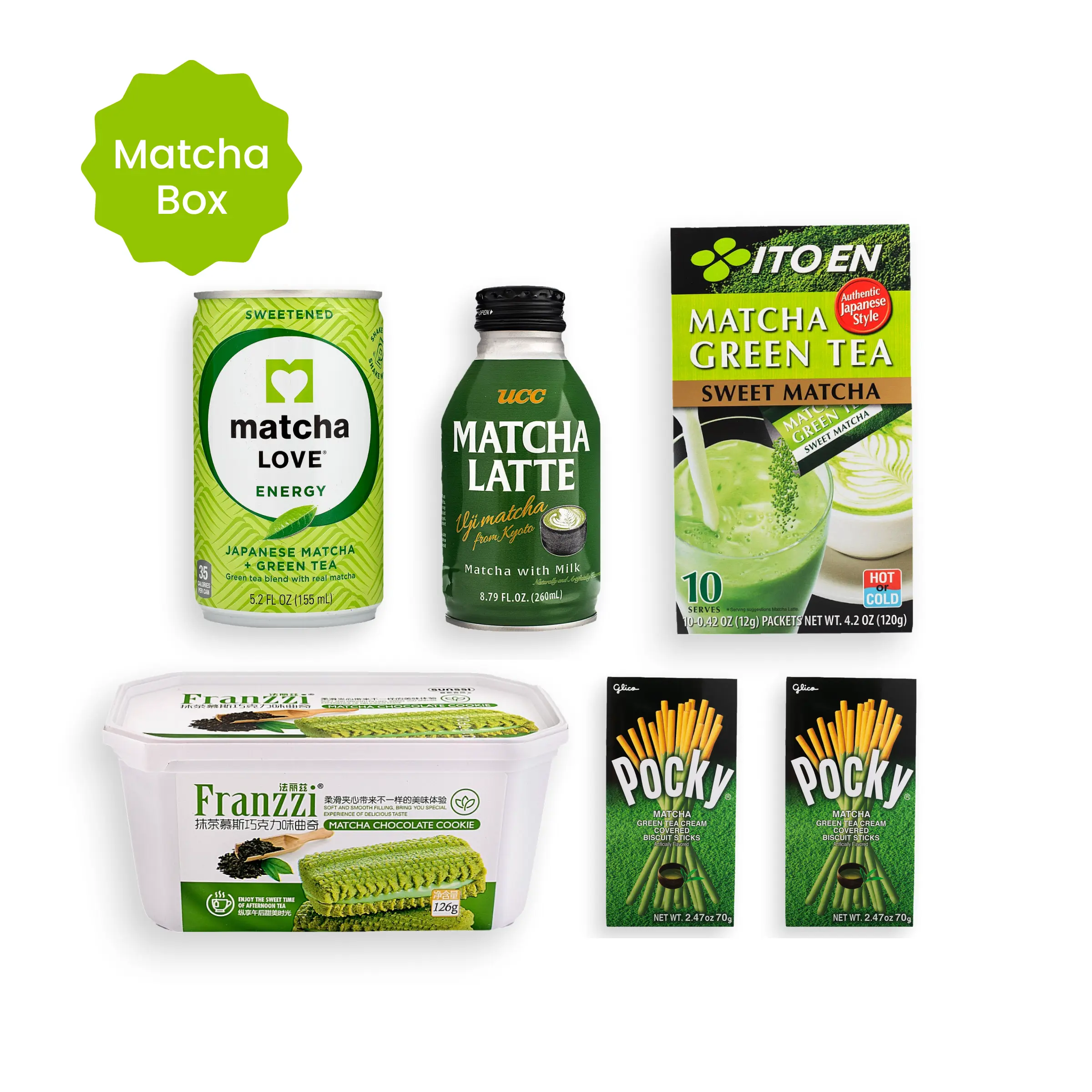 Matcha Obsession Box with Popular Drinks & Snacks (Itoen Sweet Matcha Green Tea Powder, UCC Matcha Latte, Matcha Love Sweetened Japanese Matcha & Green Tea, Franzzi Matcha Chocolate Cookies & Glico Pocky)