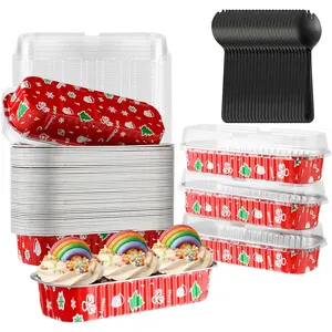 Cupcake Liners with Lids,50PCS 6.8OZ Disposable Mini Cake Pans Disposable Aluminum Foil with Lids Aluminum Loaf Pans for New Year Birthday,Red Christmas