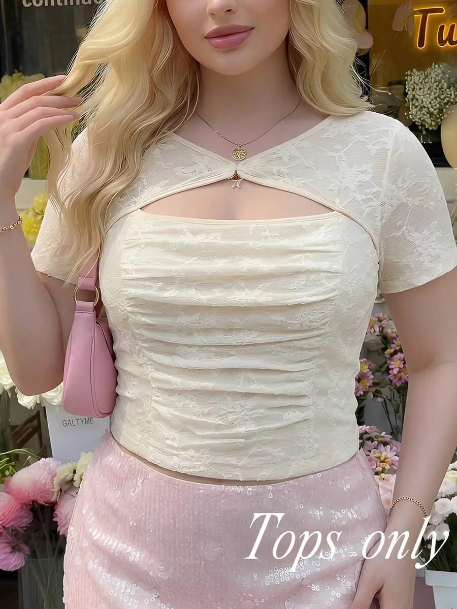 Plus Size Women's Elegant Summer White Lace Top, Front Textured Hollow Mesh T-Shirt, Short Sleeve Milkmaid Tops, Y2K Casual Party Tea Party Work Outfits