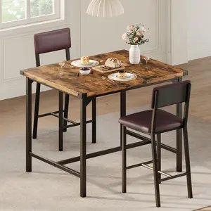 Retro Brown Dining Table Set for 2 W/Footrest & Backrest, Counter Height Table with 2 Upholstered Bar Chairs, Kitchen Table Set with Corner Protector, for Small Space
