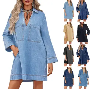 FMEYOA Womens Denim Shirt Dress Long Sleeve V Neck Loose Casual Jean Mini Dress with Pockets-B