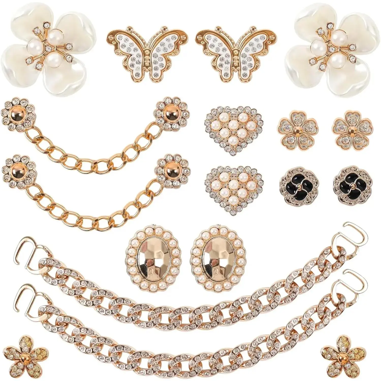 18-Piece Bling Shoe Charms for Women, Pearl & Crystal Rhinestone Decorations with Gold-Tone Butterfly & Flower Designs for Footwear, Beauty Products