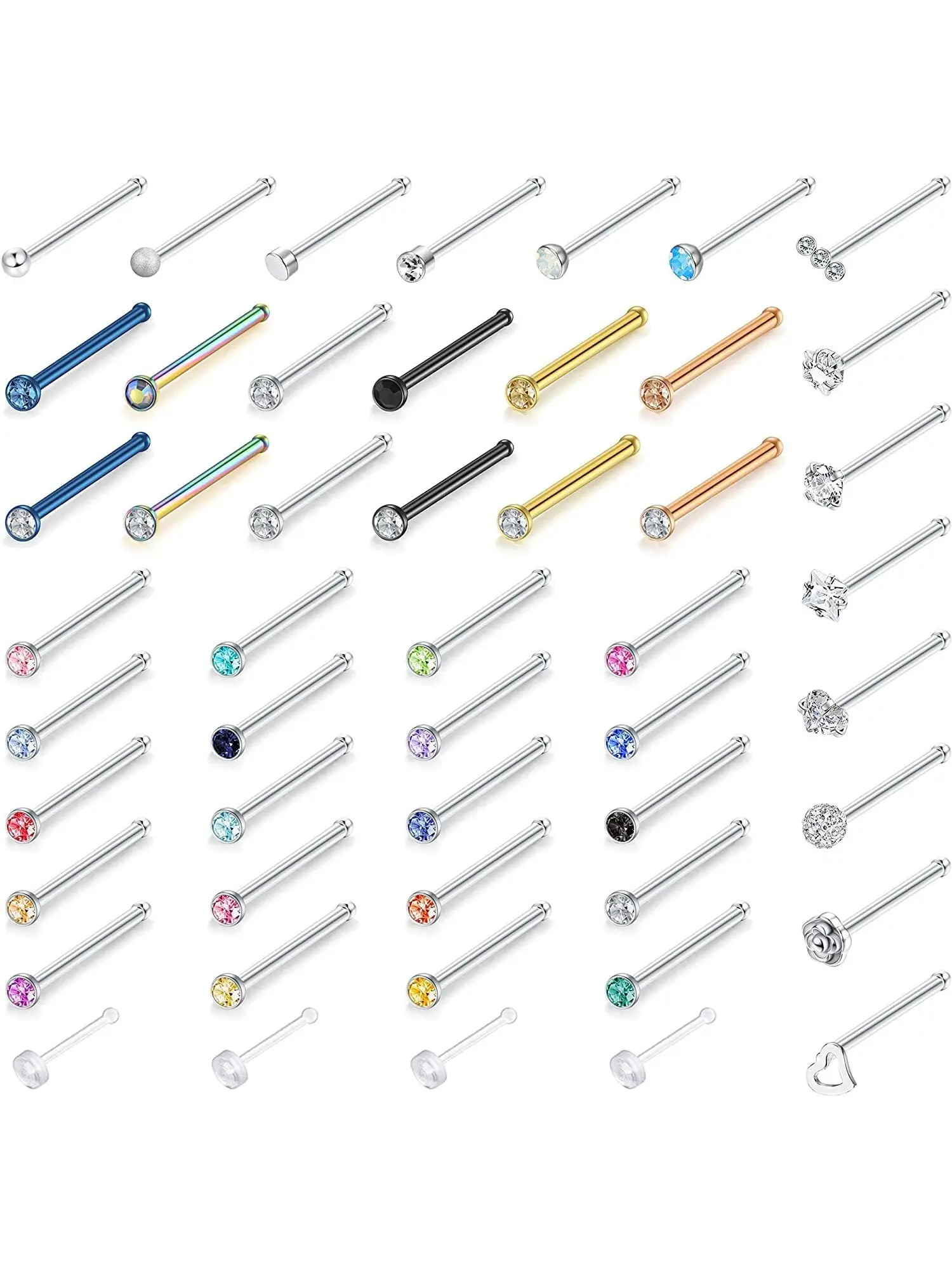 50Pcs 18G 20G L Shape Nose Studs Nose Ring Stainless Steel Nose Bar Piercing Bulk Bone Straight Stud for Men Women Nose Nostril CZ Inlaid Piercing Pin Body Jewelry Nose Screws Rhinestone Nose Rings Set L/I Nose Piercing Kit