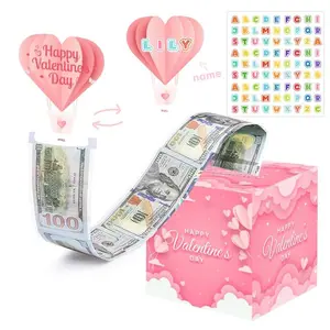 Valentine's Day Money Gift Box, Cash Storage Box with Pull-Out Cards, DIY Surprise Gift Box for Lovers, Includes 50 Transparent Bags