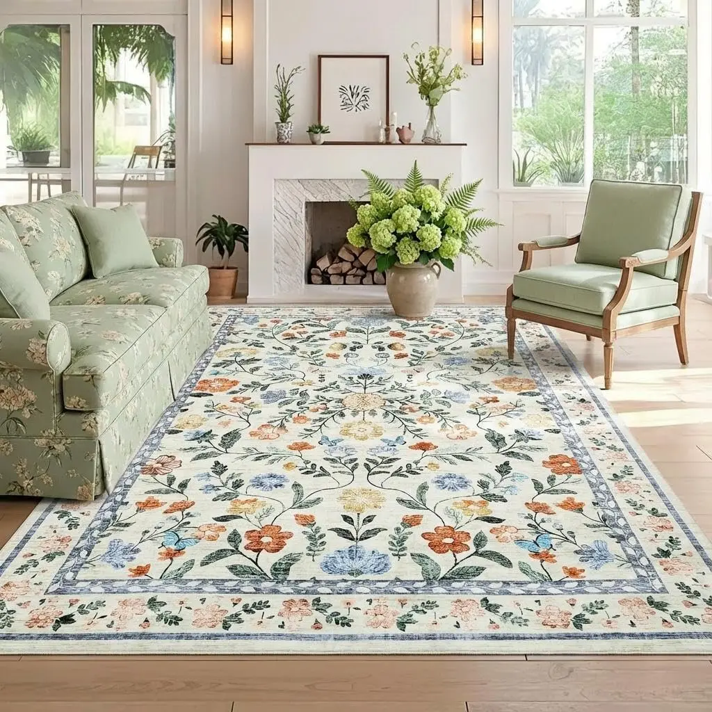 8x10 Washable Floral Distressed Rug, Vintage Farmhouse Area Rug for Living Room, Non-Slip Low Pile Soft Carpet for Nursery Bedroom Dining Room Home Office, Green