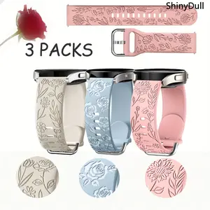 3-Pack Floral Engraved Silicone Watch Bands – 20mm Soft Waterproof Sport Strap for Samsung Galaxy Watch 3–5 & Active 2, Rose & Sunflower Design, Unisex