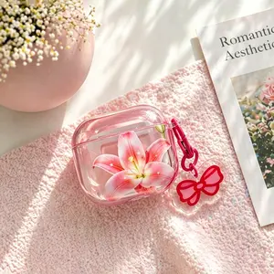 Korean Style Spring Girl Semi-Transparent Lily Earphone Case with Bow, Headphone Accessories, Compatible with AirPods Pro 3, 2, 4, 3, 1/2 Generation