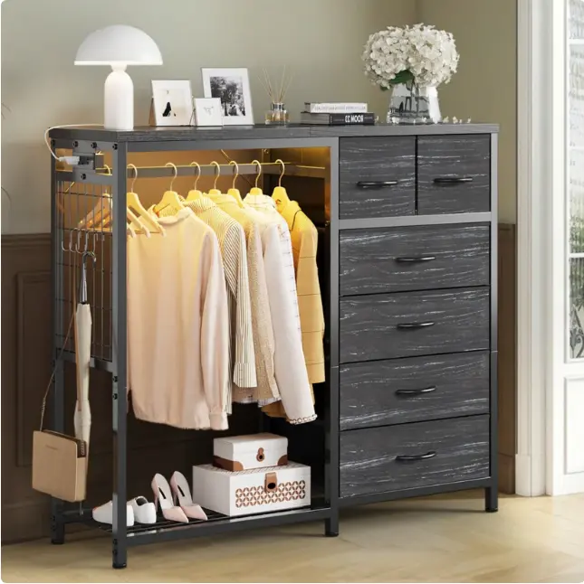 6-Drawer Fabric Dresser Organizer with Hanging Rail, Open Shelf, Wooden Top, LED Lights & Charging Station – Metal Frame Closet Storage for Bedroom, Living Room – Grey – 6 Compartments