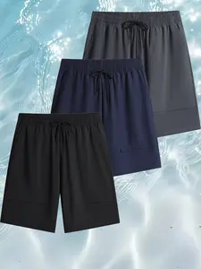 Men's 3-Pack Mixed Color Loose-Fitting Casual Athletic Shorts - Low Waist, Breathable Quick-Dry Knee-Length Polyester Blend, Drawstring Elastic Waist, Pockets, Easy to Match, Plus Sizes (Navy, Beige, Gray), Matching