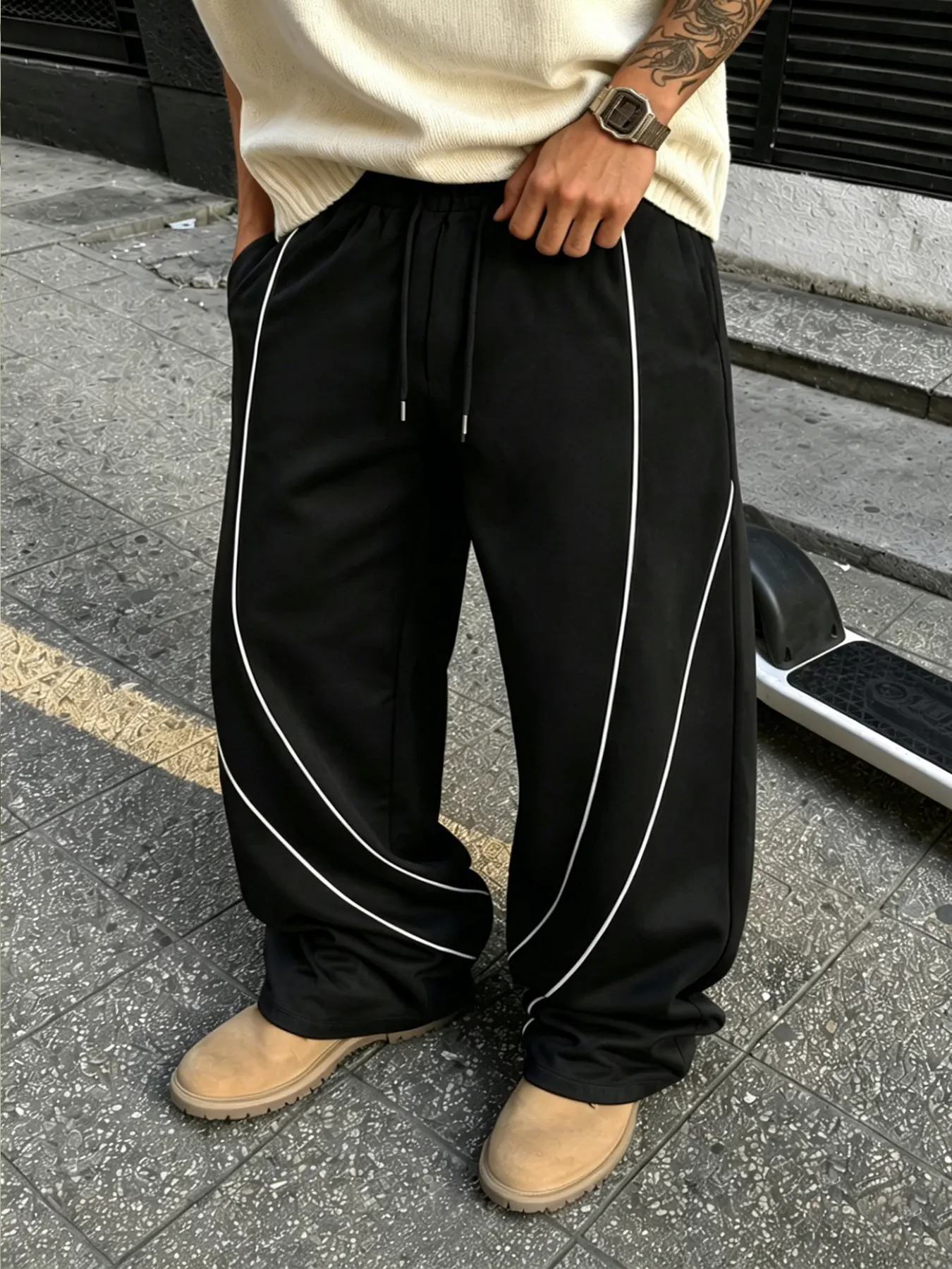 Men's Preppy Wide Leg Polyester Sweatpants with Contrast Piping - Stylish Athletic Menswear for Lounging and Travel, Streetwear Style, Chic, Male