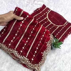 Gorgess Saree All Over Work with Blouse Piece in Rich Maroon Velvet Embellished with Gold Beads and Sequins