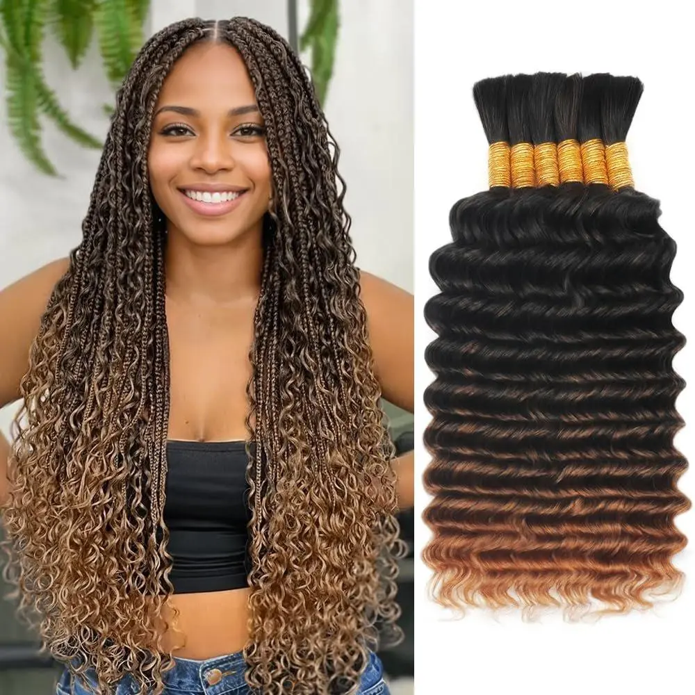 Human Braiding Hair for Boho Braids T30 150g 6 Bundles/Pack 18 Inch Deep Wave Bulk Human Hair for Braiding Virgin Ombre Braiding Hair Extensions Wet And Wavy Human Boho Braiding Hair Bundles