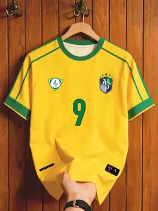 Men's Brazil Retro Style Football Jersey, Classic No 9 Number Short Sleeve Soccer Shirt, Casual Fitted Plain Sports Top