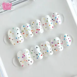 Rainbow Star Handmade Press-On Nails | Short Square Shape, 10pcs | Dreamy Dopamine Rainbow Stud Design | White Texture Base & Colorful Bead Accents | Reusable DIY Nail Kit for Women | Trendy Nails for Spring, Summer, Travel & Daily Wear | Cute Girly Dopam