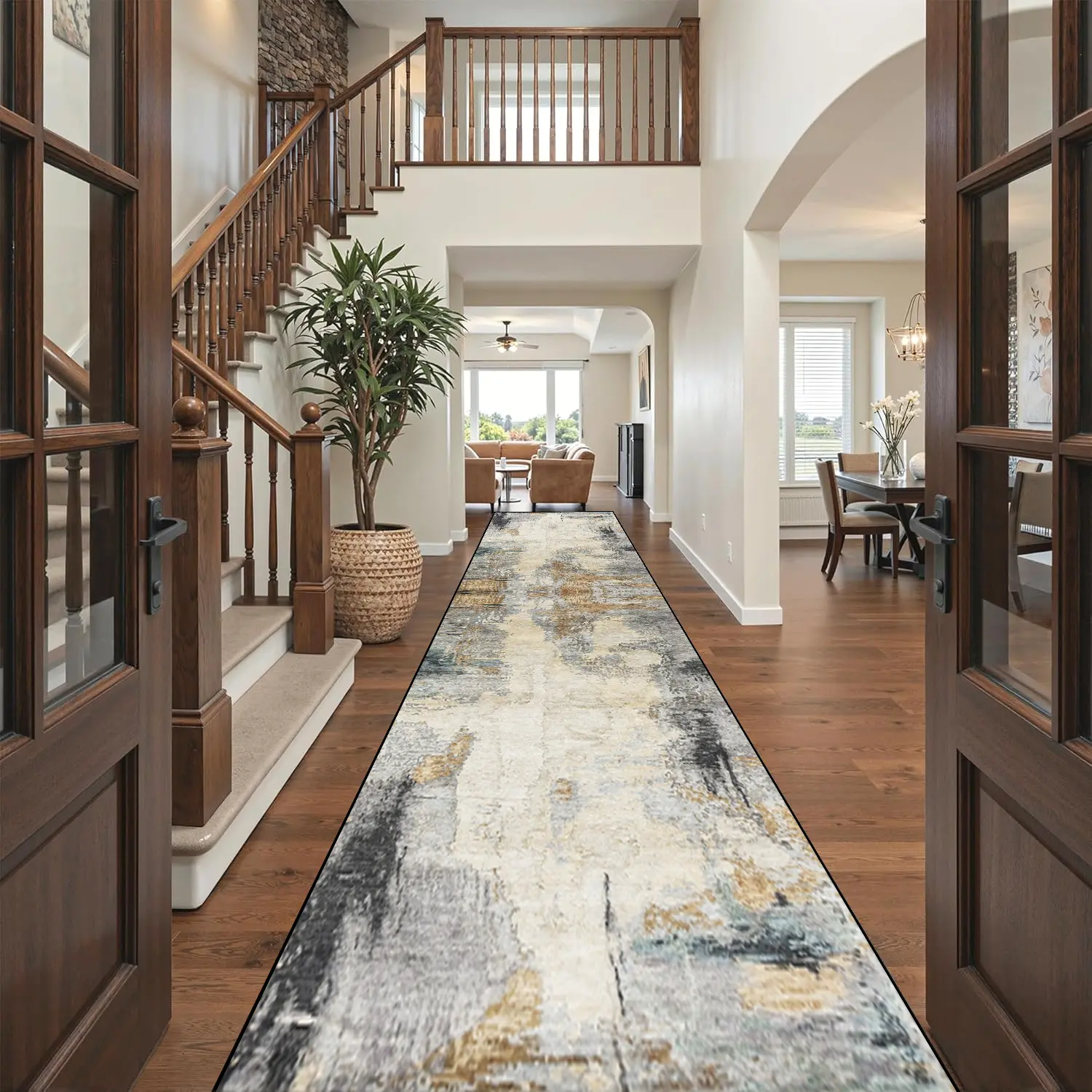 2' x 10' Modern Abstract Printed Runner Rug – Washable Non-Slip Printed Hallway Runner, Thin Distressed Gold and Grey Kitchen Rug for Entryway, Bedroom and Laundry Room, Abstract Print, Indoor Areas