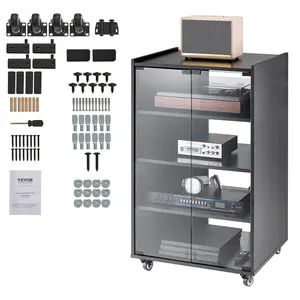 VEVOR 5-Tier AV Media Stand with Wheels,  Wooden Audio-Video Media Stand for DVD Players/Cable Boxes/Games Consoles, Height-Adjustable Media Storage Cabinet for Gaming, Recording Room, Black