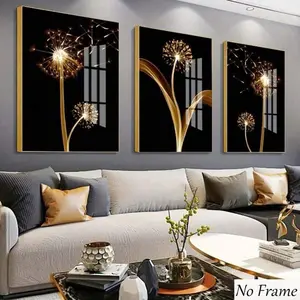 3pcs Golden Dandelion Decorative Wall Art, Wall Decor Set, Home Wall Decor, Luxury Style Plant Poster, Apartment Villa Bedroom Wallpaper, High-End Indoor Decoration