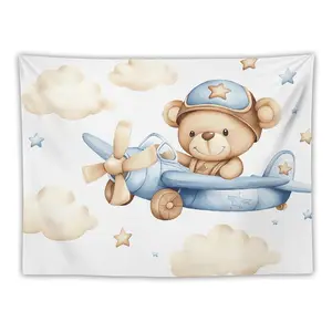 Cute Bear Pilot Airplane Tapestries For Kids Nursery Decor Aesthetic Room Wall Hanging Art Soft Home Textile