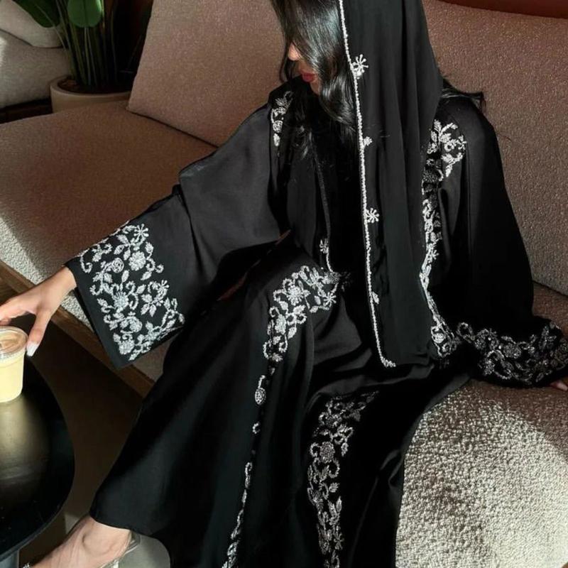 Black Banquet Dress Abaya Set | Embroidered Diamond Elegance 3-Piece Abaya with Hijab (MOA184)