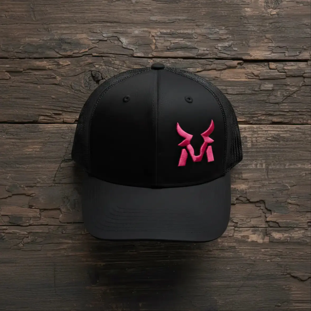 Black Cotton Mesh Trucker Hat, Structured 6-Panel Mid-Profile Cap with Pre-Curved Visor, Adjustable Black Snapback